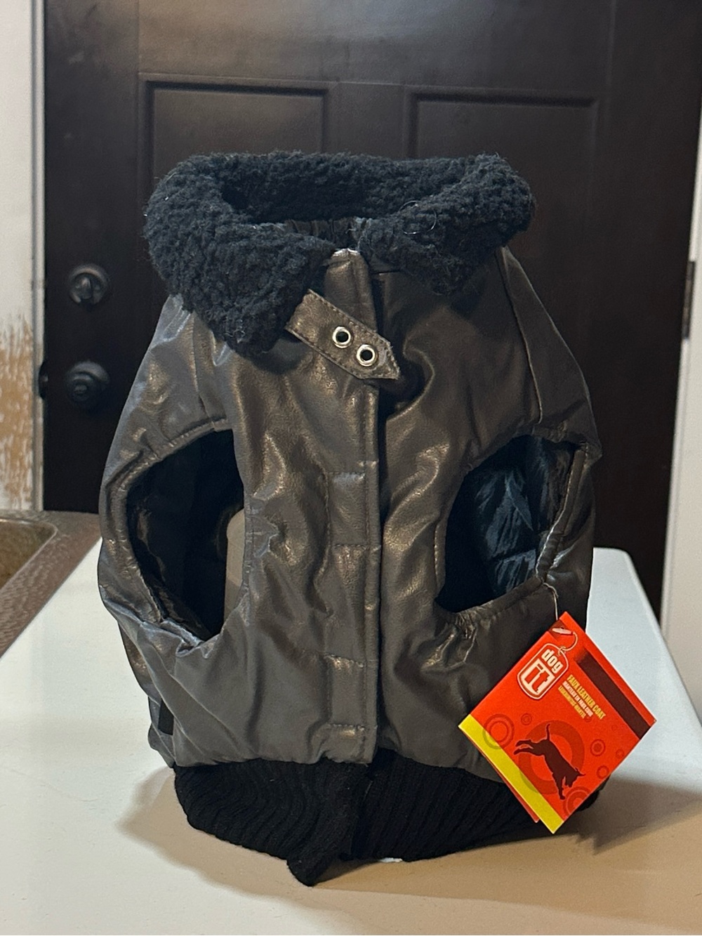 Faux Leather Dog Bomber Jacket Black Sherpa Collar Lined in Fleece